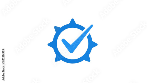 Blue checkmark icon within a stylized gear symbol, representing confirmed success, verified status, task completion, and efficient system settings