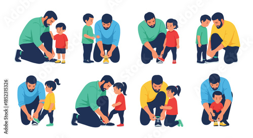 Father helping children with shoes, family bonding moments