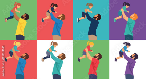 Father and child playtime moments in colorful backgrounds