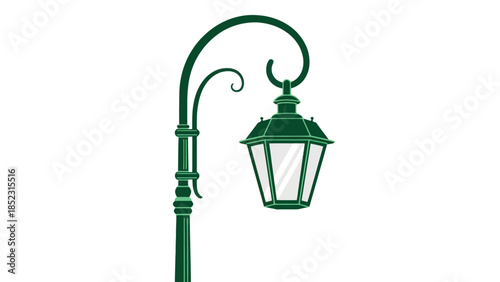 Green Vintage Lamp Post With Ornate Details on White Background