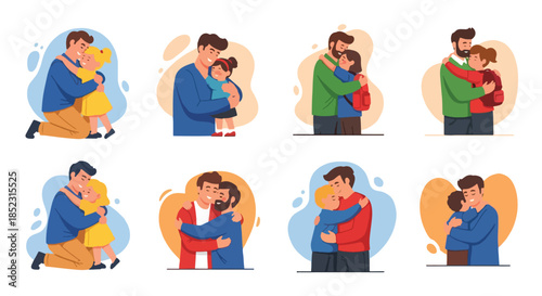 Father and child hugs collection in flat style