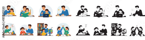 Father and child learning together at desk