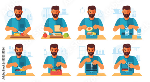 Man cooking healthy food meal preparation sequence