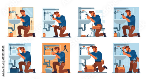 Plumber repairing sink pipes in bathroom