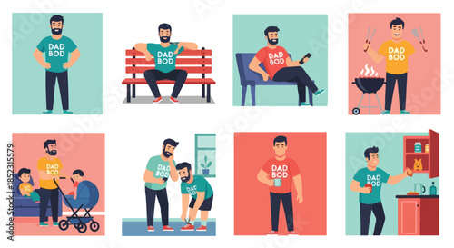 Dad bod lifestyle scenes in flat style