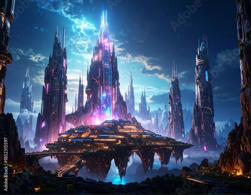 A vast futuristic fantasy city floating in the sky, glowing crystal towers combined with advanced technology