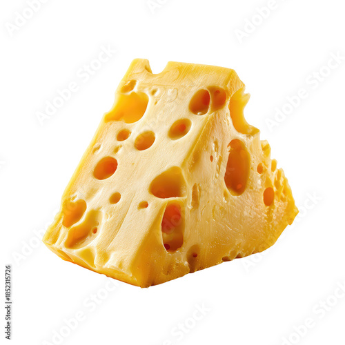 Yellow, holey cheese wedge, illuminated against black backdrop