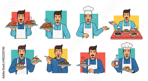 Chef presenting various dishes with smiling expressions