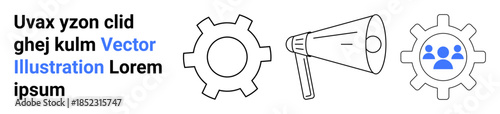 Gear icons represent productivity, a megaphone symbolizes communication, and group icons show teamwork. Ideal for business, collaboration, organization, workflow, growth, advertising simple landing
