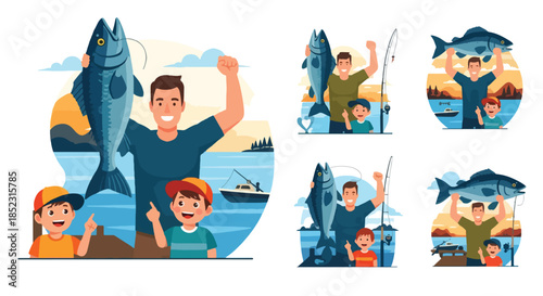 Father and son fishing together on a lake