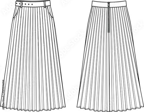Technical Fashion Illustration of a High Waisted Pleated Maxi Skirt Featuring a Grommet Belted Waistband Side Pockets and Back Zipper