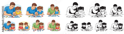 Father and daughter playing puzzle together at home