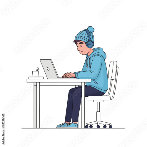 Man Working on Laptop at Desk.