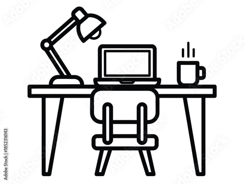 A simple line drawing of a home office workspace with a laptop and coffee