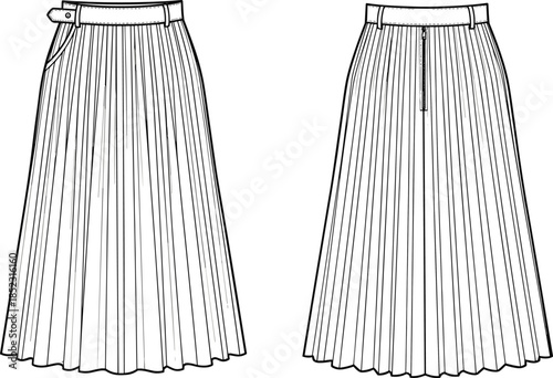 Technical Fashion Illustration of a High Waisted Pleated Midi Skirt Featuring a Belted Waistband Side Pocket and Back Zipper Detail