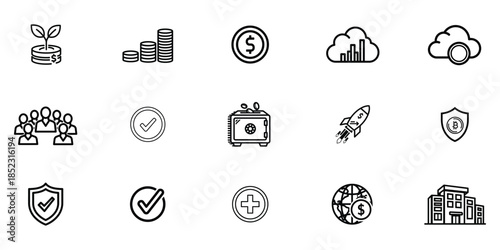 Collection of 16 business and finance related icons in a grid layout