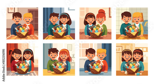 Children with Easter basket, happy kids, springtime celebration