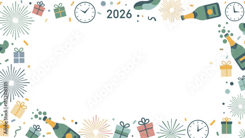 A festive frame for New Year 2026 with colorful decorations and party items on a white background, featuring champagne bottles and gifts in a joyful and celebratory mood.