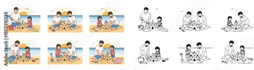 Father and child building sandcastles on beach