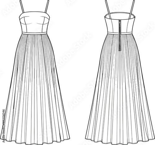 Technical Fashion Illustration of a Spaghetti Strap Pleated Maxi Dress Featuring a Bustier Bodice Back Zipper and Floor Length Skirt