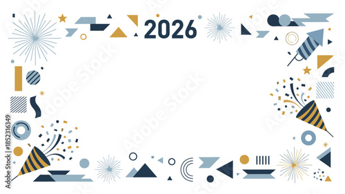 Colorful Frame New Year 2026 with festive party elements and geometric shapes on a white background, conveying a celebratory mood with blue, yellow, and orange hues.