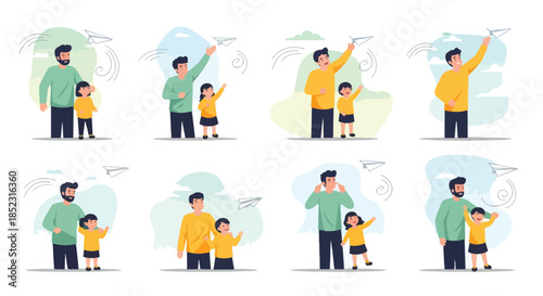 Father and child playing with paper airplanes outdoors
