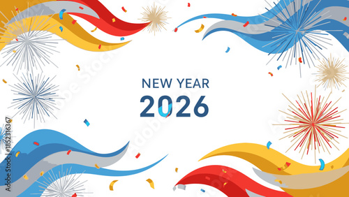 Colorful graphic design celebrating Frame New Year 2026 with fireworks, confetti, and ribbons in red, blue, and gold hues against a festive background.