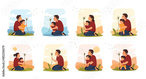 Parent and child blowing dandelions in nature scenes