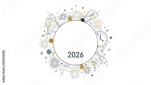 A festive Frame New Year 2026 design with fireworks and confetti in shades of gold, silver, and blue on a white background.
