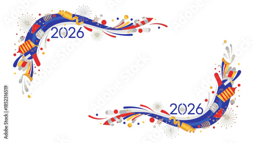 Colorful graphic frame with swirling lines and dots in red, blue, and yellow, featuring the year '2026' in a celebratory design on a white background.