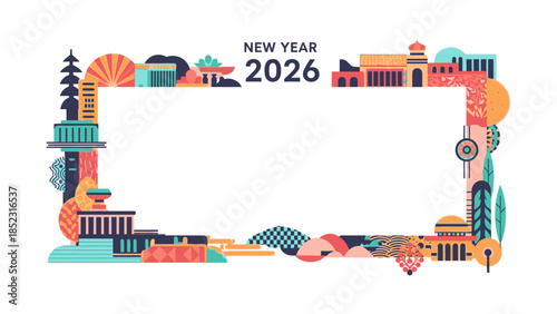 Colorful graphic illustration of a Frame New Year 2026 border with various shapes and patterns on a white background.