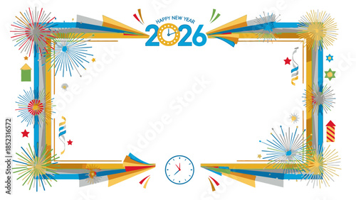 Colorful Frame New Year 2026 graphic with festive fireworks and confetti on a white background, ideal for celebrations.