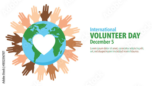 Diverse hands around the globe with heart symbol on International Volunteer Day
