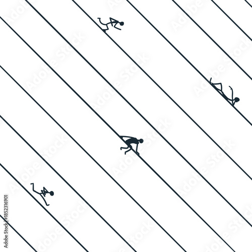 Striped art featuring several small human characters. Some are running, others are sitting or lying down.