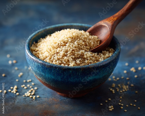 Bowl of Couscous with Wooden Spoon on Textured Blue Background