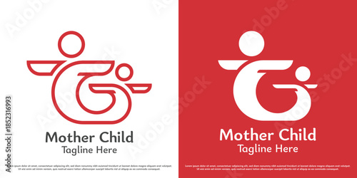 Mother child care logo design illustration vector. Silhouette of a mother in harmony with her child. Red happy calm maternity icon symbol.