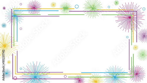 Colorful frame with multicolored fireworks and lines on a white background, Frame New Year 2026.