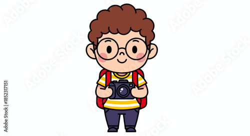 A charming vector illustration depicts a cute cartoon boy wearing glasses and a backpack, happily holding a camera, ready for an exciting adventure.