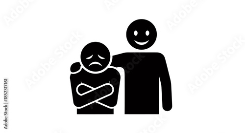 A vector illustration depicts a supportive person comforting a sad individual, symbolizing empathy and offering assistance to overcome emotional distress in a simple, graphic style.