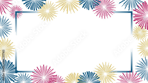 Colorful fireworks explode around a blank frame on a white background, perfect for a Frame New Year 2026 celebration decoration with vibrant, festive elements.