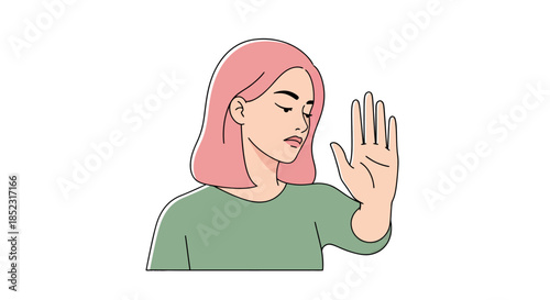 A young woman with pink hair makes a clear 'stop' gesture with her open palm, expressing refusal or disagreement in this modern vector illustration.