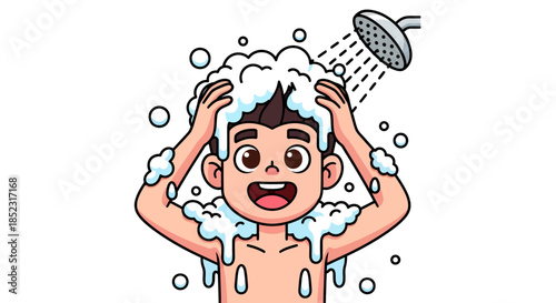 A cheerful cartoon boy with soap suds on his head is washing his hair under a shower, depicted in a bright and colorful vector illustration.