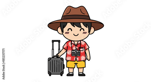 A cheerful cartoon person, a traveler with a suitcase and camera, wearing a hat and tropical shirt, vector illustration perfect for travel, vacation, and tourism-related designs.