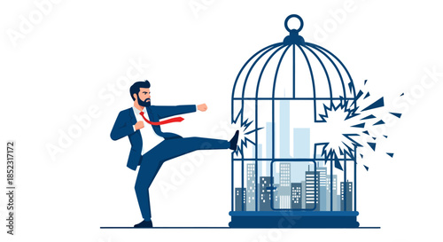 A confident businessman in a suit decisively kicks open a birdcage containing a cityscape, symbolizing breaking free from corporate constraints and achieving freedom, rendered as a clean vector