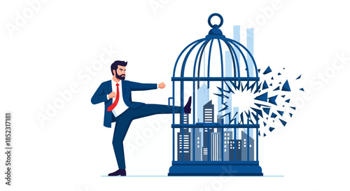 A determined businessman in a suit kicks and shatters a restrictive birdcage containing a city, symbolizing freedom from corporate limitations and achieving success.