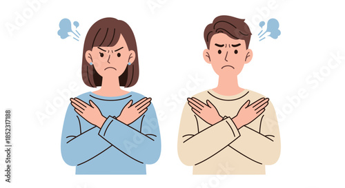 A vibrant vector illustration depicts an angry man and woman crossing their arms in a firm 'no' gesture, expressing strong disapproval on a clean white background.