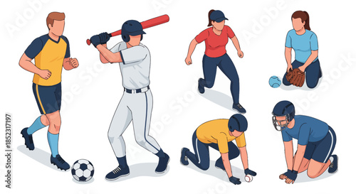 A dynamic collection of diverse vector illustrations depicting various individuals actively engaged in popular sports activities such as baseball, soccer, and running.