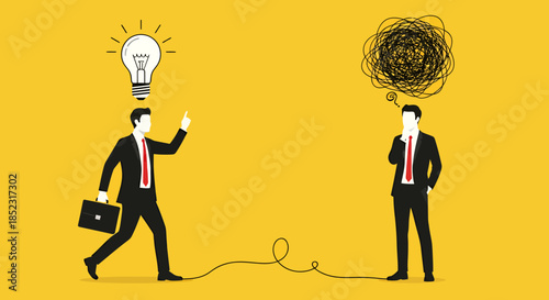 A clear vector illustration depicts a thoughtful businessman finding a brilliant solution while his colleague grapples with a complex problem on a vibrant yellow background.