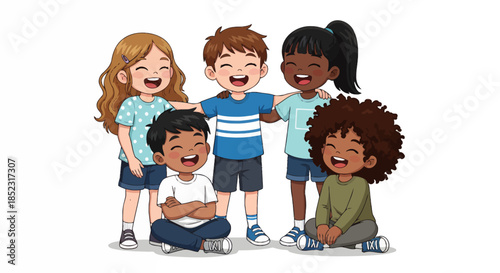 A cheerful group of diverse children are happily embracing and laughing together, showcasing unity and friendship in a vibrant, colorful vector illustration.