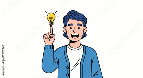 A cheerful young person in a blue cardigan has a bright idea, symbolized by a glowing lightbulb above their head, showcasing innovation and creative thinking in a vector art style.
